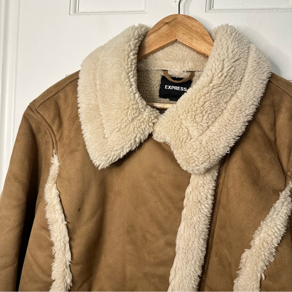 Express Faux Suede Sherpa Jacket Camel Brown Afghan Shearling Penny Lane Western - Picture 6 of 10